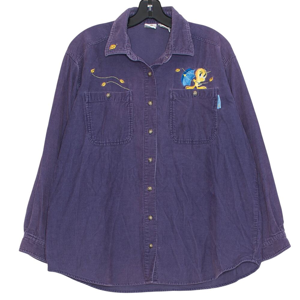 Looney Tunes Vintage Tweety Corduroy Button Up Top Purple L 90s Y2K Oversized